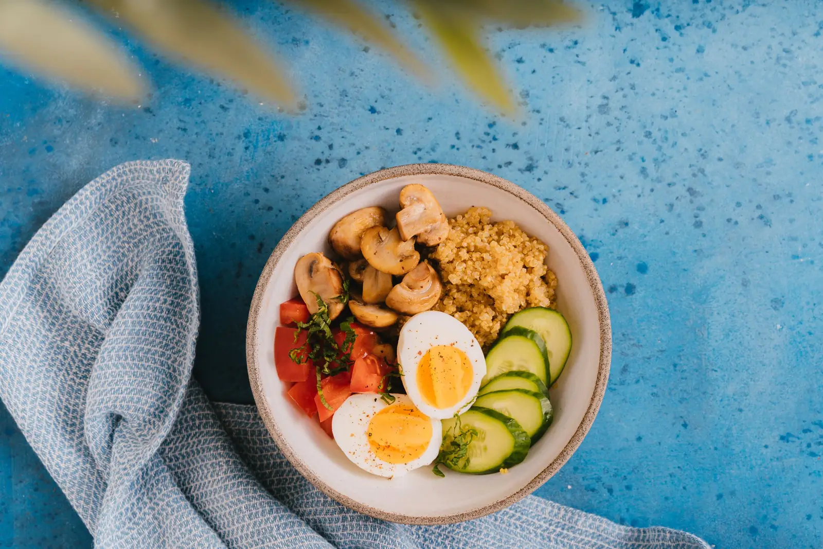 Tigela com ovo cozido, cogumelos, quinoa, tomate e pepino sobre uma superfície azul